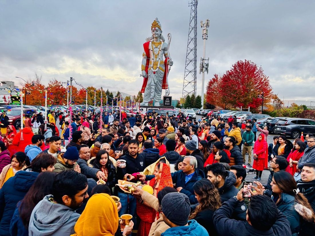 Devotees gathered around the Arghya pools